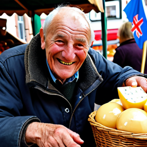 Home 15 **
A vibrant farmers market in Alkmaar, Netherlands. An elderly cheese farmer with a weathered face smiles proudly as he offers a sample of his artisanal Gouda cheese to a customer. Baskets overflow with colorful fresh produce, and Dutch flags flutter in the background. Focus on the textures of the cheese, the farmer's hands, and the lively atmosphere of the market.
**