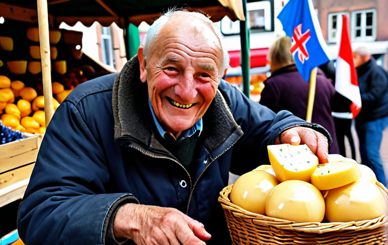 **

A vibrant farmers market in Alkmaar, Netherlands. An elderly cheese farmer with a weathered face smiles proudly as he offers a sample of his artisanal Gouda cheese to a customer. Baskets overflow with colorful fresh produce, and Dutch flags flutter in the background. Focus on the textures of the cheese, the farmer's hands, and the lively atmosphere of the market.

**