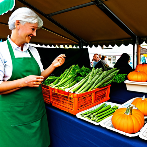 Home 14 A friendly professional market vendor, fully clothed in modest, appropriate attire, standing proudly behind a vibrant stall at a traditional Dutch weekly market. The stall is abundant with a wide variety of fresh, local, seasonal produce like bright green asparagus, ripe red strawberries, earthy orange pumpkins, and sturdy green kale. Natural daylight illuminates the scene. High-quality, professional photography, realistic, crisp focus, safe for work, appropriate content, family-friendly, perfect anatomy, correct proportions, natural pose, well-formed hands, proper finger count, natural body proportions.