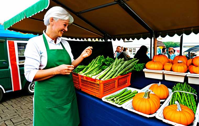 A friendly professional market vendor, fully clothed in modest, appropriate attire, standing proudly behind a vibrant stall at a traditional Dutch weekly market. The stall is abundant with a wide variety of fresh, local, seasonal produce like bright green asparagus, ripe red strawberries, earthy orange pumpkins, and sturdy green kale. Natural daylight illuminates the scene. High-quality, professional photography, realistic, crisp focus, safe for work, appropriate content, family-friendly, perfect anatomy, correct proportions, natural pose, well-formed hands, proper finger count, natural body proportions.