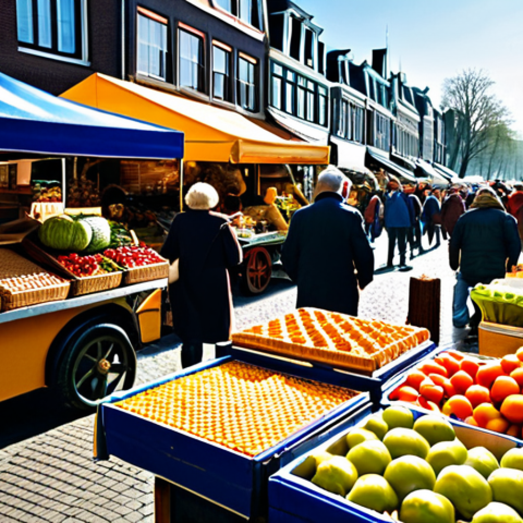Bustling Dutch Market Scene**

"A vibrant outdoor Dutch market scene, 'markt', overflowing with fresh produce: colorful fruits, vegetables, cheeses, and flowers. Vendors are selling 'stroopwafels' and 'bitterballen'. People are shopping, browsing, and enjoying the atmosphere. Focus on the textures and colors of the food. Morning light. High resolution, realistic, safe for work, appropriate content, fully clothed, professional photography, natural proportions."

**