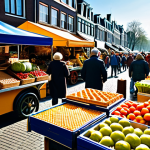 Bustling Dutch Market Scene**

"A vibrant outdoor Dutch market scene, 'markt', overflowing with fresh produce: colorful fruits, vegetables, cheeses, and flowers. Vendors are selling 'stroopwafels' and 'bitterballen'. People are shopping, browsing, and enjoying the atmosphere. Focus on the textures and colors of the food. Morning light. High resolution, realistic, safe for work, appropriate content, fully clothed, professional photography, natural proportions."

**