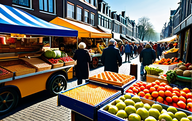 Bustling Dutch Market Scene**

"A vibrant outdoor Dutch market scene, 'markt', overflowing with fresh produce: colorful fruits, vegetables, cheeses, and flowers. Vendors are selling 'stroopwafels' and 'bitterballen'. People are shopping, browsing, and enjoying the atmosphere. Focus on the textures and colors of the food. Morning light. High resolution, realistic, safe for work, appropriate content, fully clothed, professional photography, natural proportions."

**